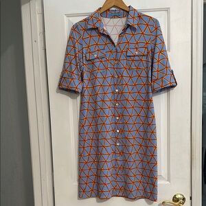 J. McLaughlin Blue and Orange Buttoned Midi Dress